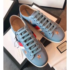 Gucci Ace Leather Low-Top Lovers Sneakers Web Embroidered Bees and Stars Blue 2018