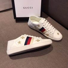 Gucci Ace Leather Low-Top Lovers Sneakers Web Embroidered Bees and Stars White 498205