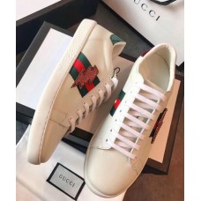 Gucci Ace Leather Low-Top Lovers Sneakers ,Web Embroidered Crystal Lightning Bolt Creamy 2018