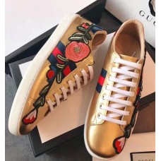 Gucci Ace Leather Low-Top Lovers Sneakers Web Embroidered Floral and Bow Gold 2018