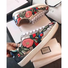 Gucci Ace Leather Low-Top Lovers Sneakers Web Embroidered Floral and Bow Silver 2018