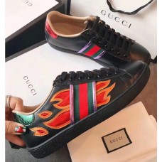 Gucci Ace Leather Low-Top Lovers Sneakers Web Flames Black 2018