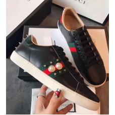 Gucci Ace Leather Low-Top Lovers Sneakers Web Pearl Studs Black 2018