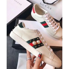 Gucci Ace Leather Low-Top Lovers Sneakers Web Pearl Studs Creamy 2018