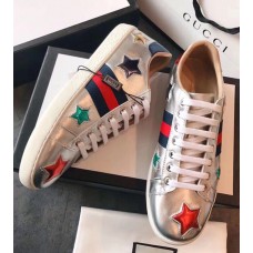 Gucci Ace Leather Low-Top Lovers Sneakers Web Star Silver 2018