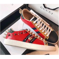 Gucci Ace Leather Low-Top Lovers Sneakers Web Studs And Metal Feline Red 2018