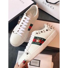 Gucci Ace Leather Low-Top Lovers Sneakers Web Studs And Metal Feline White 2018