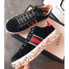 Gucci Ace Leather Studded And Pearl Velvet Sneakers Black 2017