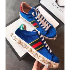Gucci Ace Leather Studded And Pearl Velvet Sneakers Blue 2017