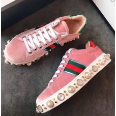 Gucci Ace Leather Studded And Pearl Velvet Sneakers Pink 2017