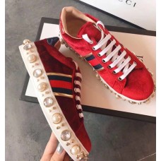 Gucci Ace Leather Studded And Pearl Velvet Sneakers Red 2017