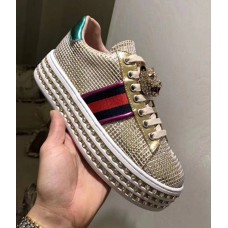 Gucci Crystals Platform Web Ace Sneakers 505995 Grid Gold 2017