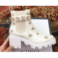 Gucci Gold Thread Embroidered Bees And Stars Leather Ankle Boots White With Belt 2018