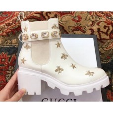 Gucci Gold Thread Embroidered Bees And Stars Leather Ankle Boots White With Belt 2018