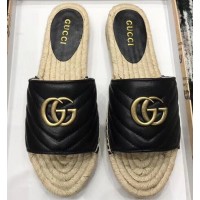 Gucci Leather Espadrilles Slides Sandals Black With Double G 573028 2019