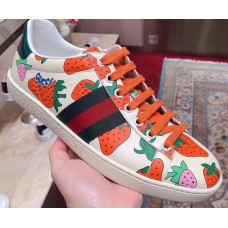 Gucci Web Ace Leather Strawberry Sneakers 387993 Ivory 2019