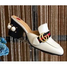 Gucci Calfskin Leather 7.5cm heel Web Details Pearls Trim Slipper white