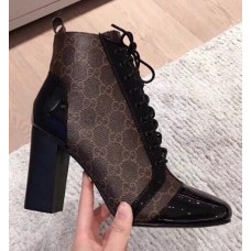 Gucci Leather Heel Ankle Lace-up Boots With GG Supreme Black 2018
