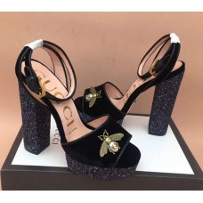 Gucci Glittered Bee Trim Heel Sandals 475915 Black 2018