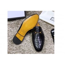 Gucci ‎426219 Leather Horsebit slipper and shoes Black Real Crocodile Leather