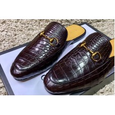 Gucci ‎426219 Leather Horsebit slipper and shoes Brown Real Crocodile Leather
