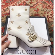 Gucci Heel 7.5cm Double G Fringe Leather Boots Gold Thread Embroidered Bees And Stars 551545 White 2018