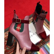 Gucci Heel 9cm Web Bee Ankle Boots with Belt Burgundy 2018