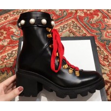 Gucci Leather Ankle Boots Black With Pearl Strap 497372 2018