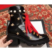 Gucci Gold Thread Embroidered Bees And Stars Leather Ankle Boots Black With Pearl Strap 498695 2018