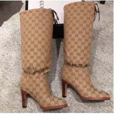 Gucci GG Canvas Mid-Heel Boots Beige 2018