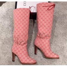 Gucci GG Canvas Mid-Heel Boots Pink 2018