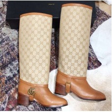 Gucci Double G Leather Knee Boots 549691 Brown with GG Gaiter 2018
