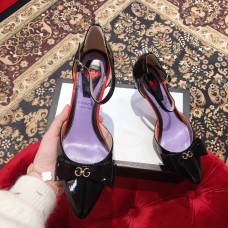 Gucci Heel 8cm Patent Leather Silver-toned Spikes Sandals with Bow Black 2019