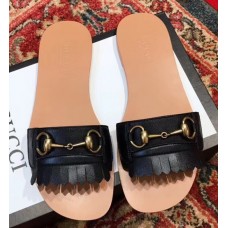 Gucci Fringe Pattern Leather Horsebit Slide Sandals 517017 Black 2018