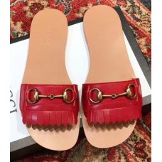 Gucci Fringe Pattern Leather Horsebit Slide Sandals 517017 Red 2018