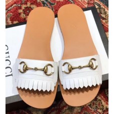 Gucci Fringe Pattern Leather Horsebit Slide Sandals 517017 White 2018