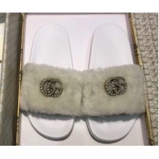 Gucci Heel 1.5cm Shearling Fur Crystal Double G Slide Sandals Creamy 2018