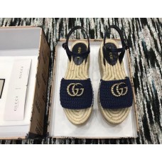 Gucci Crochet Espadrilles Sandals Navy Blue With Pearls Double G 2019