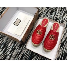 Gucci Leather Platform Espadrilles Slippers With Double G Red 2019