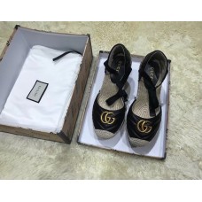Gucci Double G Leather Platform 10cm Espadrille 573023 with Grosgrain Lace-up Black