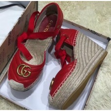 Gucci Double G Leather Platform 10cm Espadrille 573023 with Grosgrain Lace-up Red