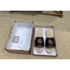 Gucci Chevron Raffia Espadrilles Slides Sandals With Double G 578554 Black 2019