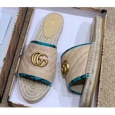 Gucci Chevron Raffia Espadrilles Slides Sandals With Double G 578554 Nude/Turquoise 2019