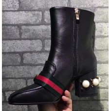 Gucci 7CM Mid-heel Glass Pearl Studs Detail Ankle Boot 432060 Black 2017