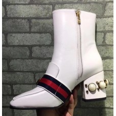 Gucci 7CM Mid-heel Glass Pearl Studs Detail Ankle Boot 432060 White 2017