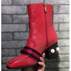 Gucci 7CM Mid-heel Glass Pearl Studs Detail Ankle Boot 432060 Red 2017