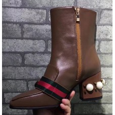 Gucci 7CM Mid-heel Glass Pearl Studs Detail Ankle Boot 432060 Brown 2017