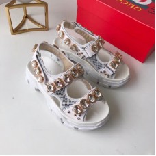 Gucci Leather And Mesh Sandals With Crystals 557471 White 2019