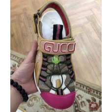 Gucci Leather and Mesh Reflective Fabric Sandals Beige/Fuchsia 2019