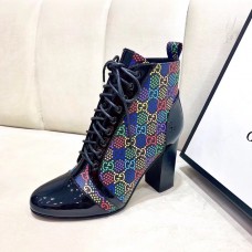 Gucci Patent Black Lace-up Ankle Boots GG Multicolor Stars 2019